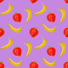 gouache seamless pattern with fruits and berries banana and strawberry on lilac background, vegetarian pattern for for diet, healthy eating. Use as restaurant menu, packaging, product design,textile