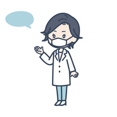 マスクをつけて案内する女性医師　ポーズ　イラスト
