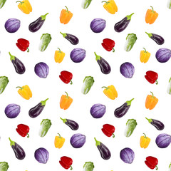 Seamless pattern veganism eggplant, peppers, cabbage on white background. Gouache hand drawn illustration. Fresh food. Design for textiles, packaging, fabrics, menus, restaurants