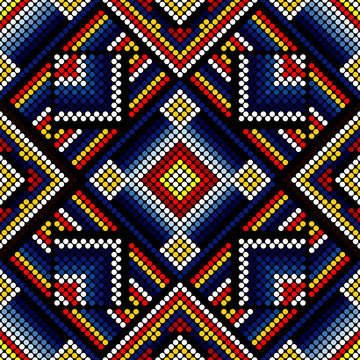 vector illustration of colorful abstract seamless pattern inspired in beaded handcraft from mexican huichol art style. Can be tiled