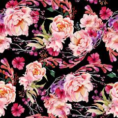 Dark background. Watercolor floral seamless pattern with red, pink flowers, berries.