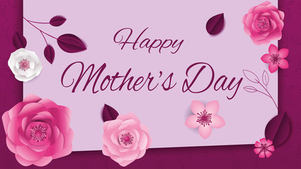 card or banner on "happy mothers day" in purple with all around pink and white flowers leaves on a purple and purple background