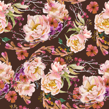 Watercolor floral seamless vintage pattern. Pink peonies Dark background
