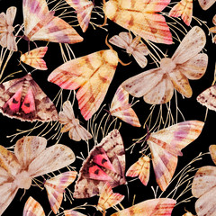 Watercolor seamless pattern with butterflies. Black background