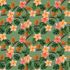 Seamless tropical pattern with plumeria and strelitzia with leaves on pistachio background. Seamless pattern with colorful leaves of colocasia, filodendron, monstera. Exotic wallpaper. Hawaiian style