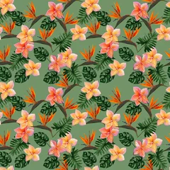 Foto auf Acrylglas Seamless tropical pattern with plumeria and strelitzia with leaves on pistachio background. Seamless pattern with colorful leaves of colocasia, filodendron, monstera. Exotic wallpaper. Hawaiian style © Olena