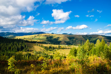 Panoramic mountain view. Summer in the mountains