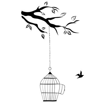 bird cage hanging from branch, hand draw, vector illustration