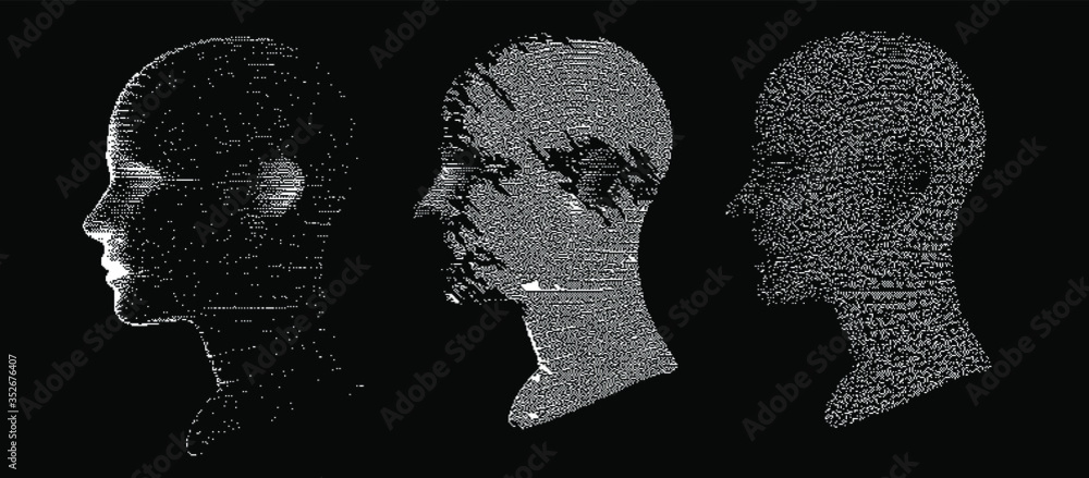 Poster Artificial intelligence and Machine Learning concept. Human head with glitched pixels, distorted profile of a woman made of square particles.