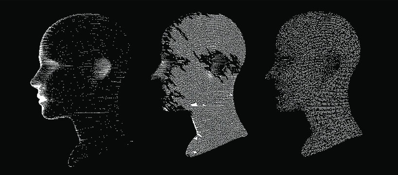 Artificial intelligence and Machine Learning concept. Human head with glitched pixels, distorted profile of a woman made of square particles.