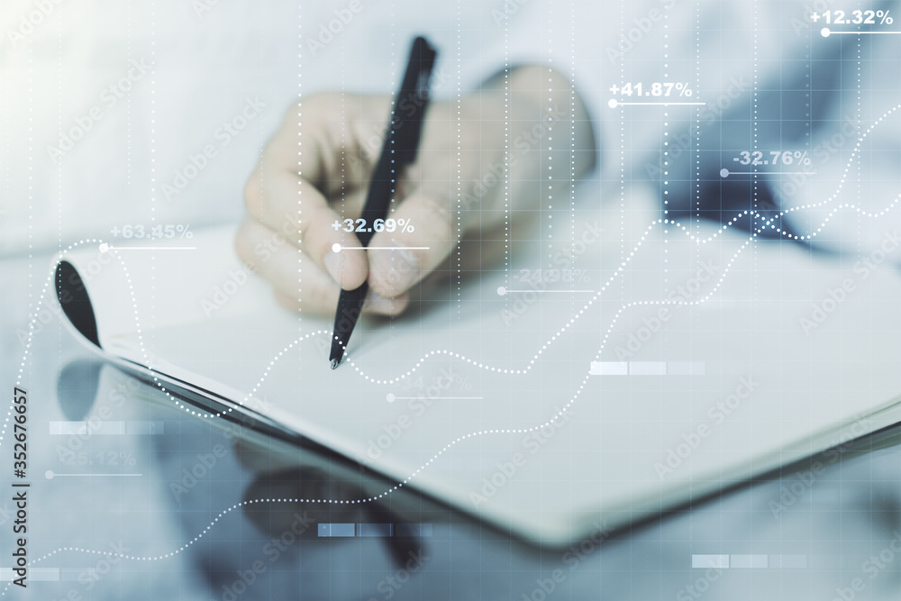 Poster Multi exposure of abstract graphic data spreadsheet sketch with man hand writing in diary on background, analytics and analysis concept