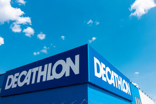 Vilnius, Lithuania July 21, 2019 - Decathlon sign on a store wall. Decathlon is largest sporting goods retailer in the world