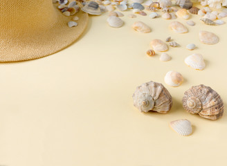 Beautiful straw hat with shells on the ocean coast. Nature summer background.