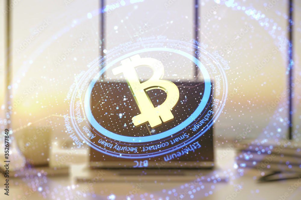 Poster creative bitcoin concept with modern computer background. double exposure