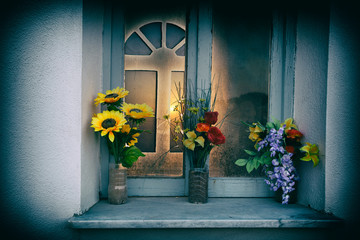 flowers at the window at sunset