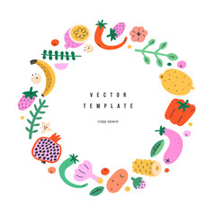 Fruits vegetables frame, circle border template with copyspace and handdrawn simple fun illustration ornament, vector background, good for menu cover, booklet, invitation, whole foods