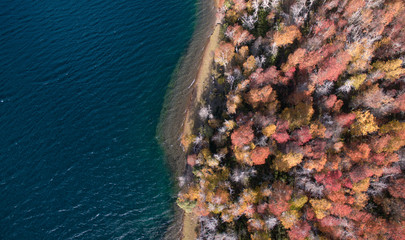 Overhead Aerial View of Falkner Lake in San Martin de los Andes, Patagonia Argentina. The pure...