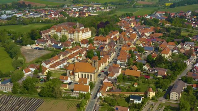   Aerial view of the city Ellingen in Germany, Bavaria on a sunny spring day during the coronavirus lockdown.