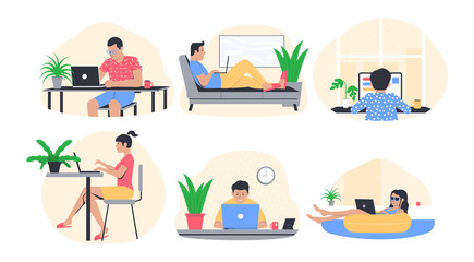 Freelance work concept. People working from home. Freelancer in comfortable conditions. Vector illustration