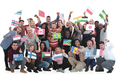 multinational group of people with their national flags.
