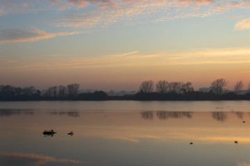river landscape under a sunrise and clouds reflected in the water