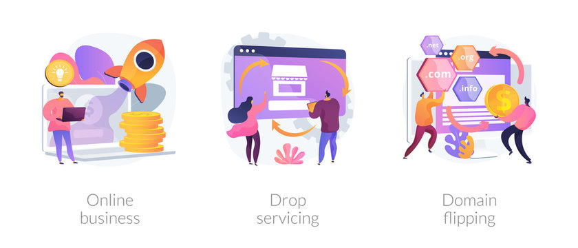 Online business abstract concept vector illustration set. Drop servicing, domain flipping, business opportunity, outsource, drop shipping, web hosting, social media sales, promotion abstract metaphor.