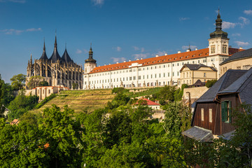 Panorama city of Kutna Hora. The Cathedral of St Barbara and Jesuit College in Kutna Hora, Czech Republic, Europe. UNESCO World Heritage Site