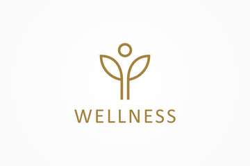 Abstract Wellness Logo. Gold Linear Style Leaf and People Combination isolated on White Background. Usable for Nature, Cosmetics, Healthcare and Beauty Logos. Flat Vector Logo Design Template Element.