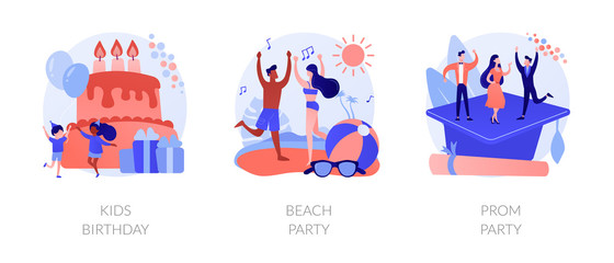 Naklejka premium Children anniversary celebration, summer season discotheque, school graduation ball icons set. Kids birthday, beach party, prom party metaphors. Vector isolated concept metaphor illustrations