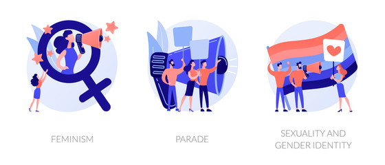 Fototapeta premium Women empowerment movement, gay pride demonstration, asserting rights icons set. Feminism, parade, sexuality and gender identity metaphors. Vector isolated concept metaphor illustrations