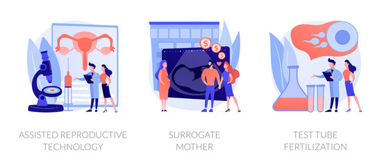 Fototapeta premium Fertility treatment and artificial insemination metaphors. Assisted reproductive technology, surrogate mother, test tube fertilization abstract concept vector illustration set.