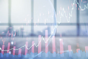 Multi exposure of virtual creative financial graph and world map on empty corporate office background, forex and investment concept