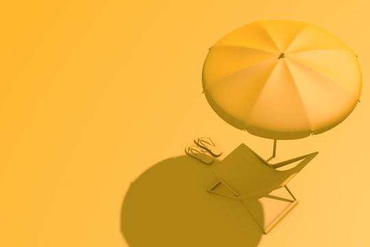 3D rendering of summer concept. Yellow chaise lounge and umbrella on yellow background, Sunlight, travel. No vacation this summer. Border closure, travel restrictions. Copy space.