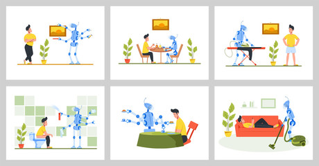 Concept - people relax, robots work. Color cartoon illustration