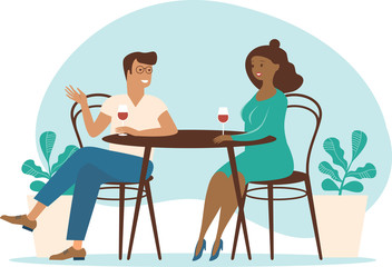 Young multiracial couple spend time in cafe summer terrace talking drinking wine. Flat vector characters