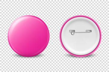 Vector 3d Realistic Pink Metal, Plastic Blank Button Badge Icon Set Isolated on Transparent Background. Front and Back Side View. Template for Branding Identity, Logo, Presentations. Mock-up