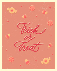 Halloween poster with lettering in vintage style. Trick or treat. Flat vector illustration.