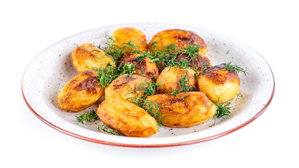 Fried fresh potatos and dill on a plate isolated on a white background