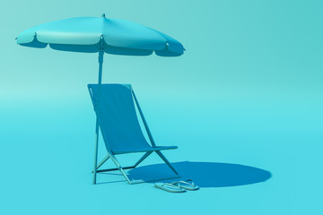 Fototapeta na wymiar 3D rendering of summer concept. Turquoise chaise lounge, flip flops and umbrella on turquoise background, Sunlight, travel. No vacation this summer. Border closure, travel restrictions. Copy space.