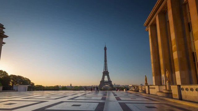 paris city sunset time famous tower view crowded square timelapse panorama 4k france