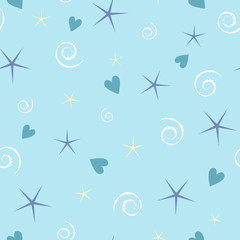 Seamless vector pattern with hearts, stars and spirals for decoration, print, textile, fabric, stationery, 