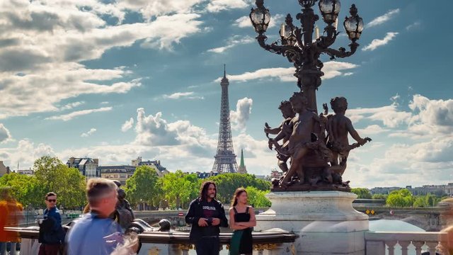 sunny day paris city center crowded bridge famous tower walking timelapse panorama 4k france