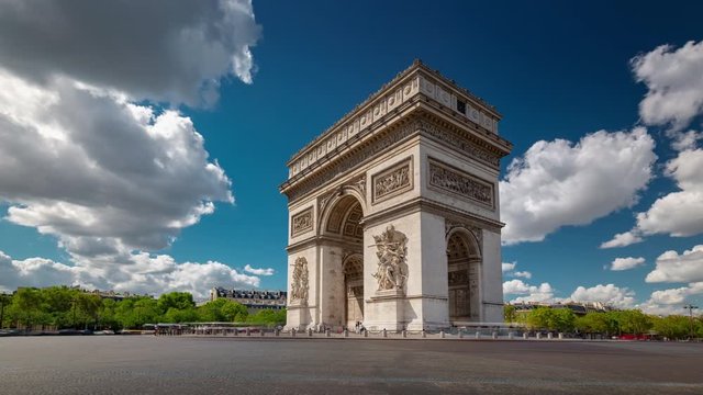 summer day paris city famous arch traffic circle square timelapse panorama 4k france