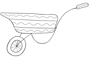 Hand-drawn black and white scandinavian-style garden unicycle cart. Insulated construction truck. Coloring book and page, horticultural design element, logo, emblem, icon. Vector. © Яна Борисова