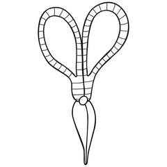 Hand-drawn scissors black and white decorated with stripes for household, cutting, gardening, needlework, creativity. Vector.