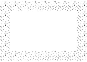 A4 rectangular isolated horizontal frame of hand-drawn black outline horticultural doodles on a white background. Blank for gardening, agriculture, plant growing, eco-culture. Place for text. Vector.