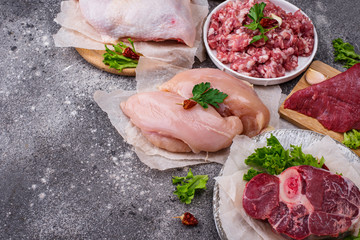 Assortment of various raw meat