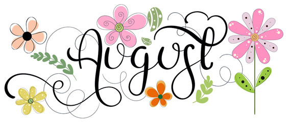 Hello August on ornaments. Hello AUGUST month vector with flowers and leaves. Decoration floral. Illustration month August	
