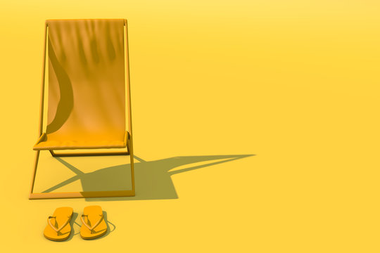 3D rendering of summer concept. Yellow chaise lounge and flip flops on yellow background, Sunlight, travel. No vacation this summer. Border closure, travel restrictions. Copy space