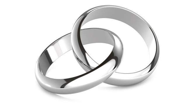 3D rendering illustration of Two white gold or silver wedding rings connected like chain links on an isolated white background symbolizing marriage